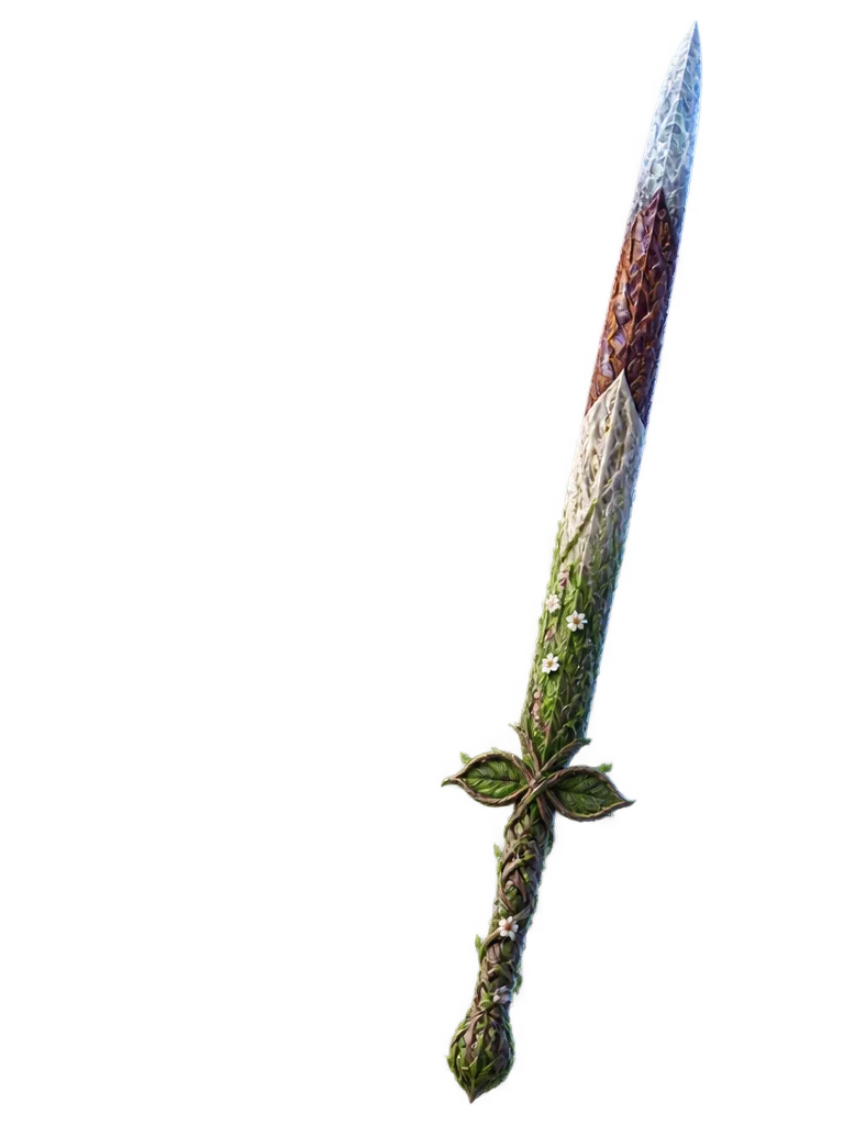 Solstice Blade, pedang lurus dengan bilah empat bahan musim: kayu hijau berbunga, tulang putih, daun berpernis plum, dan es di ujung.