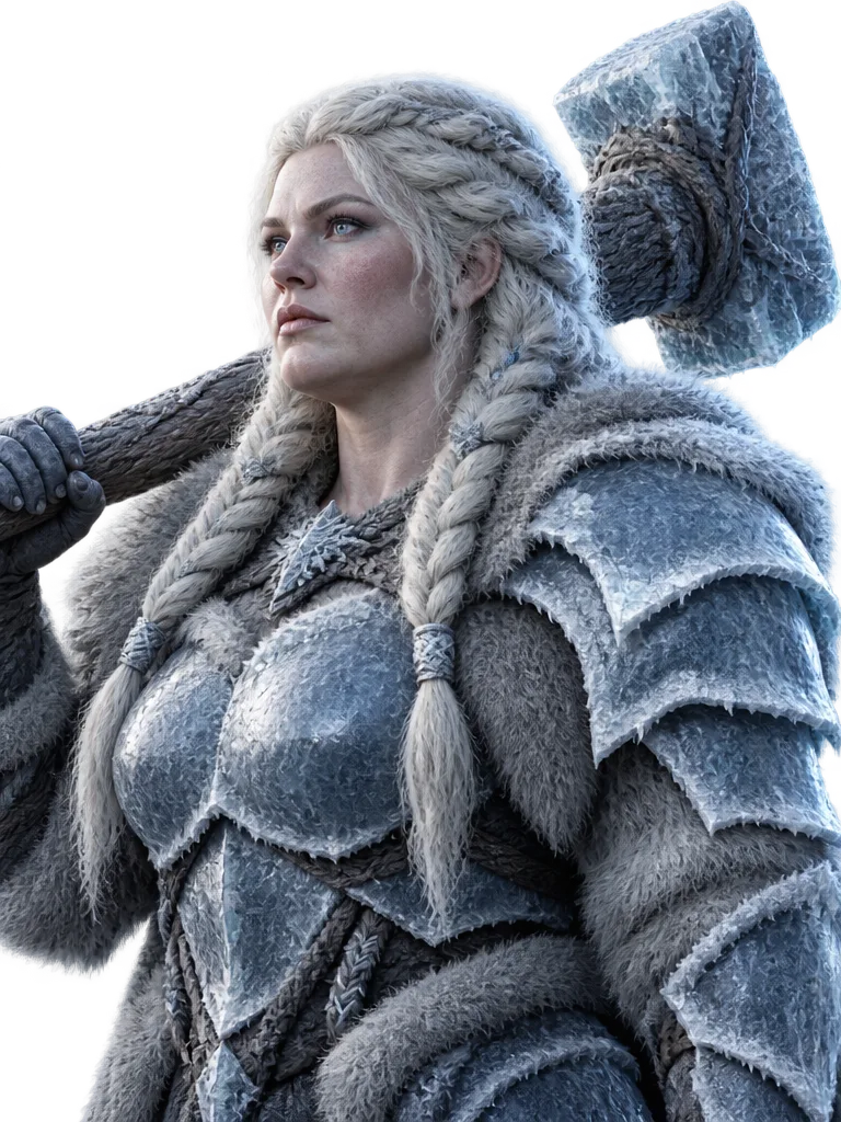 Sire Ylva dari Hibernal, perempuan bertubuh besar berzirah es dengan palu di bahu.