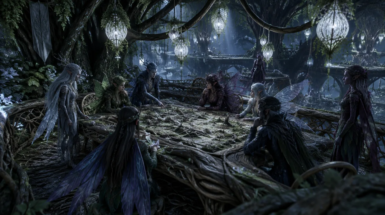 Anggota guild dari empat istana menyusun rencana raid di meja kayu hidup di kanopi pohon raksasa.